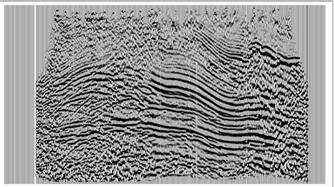 The same stacked section after Cascade 3-3 statics with the anisotropy correction applied: reflectors are continuous end to end.